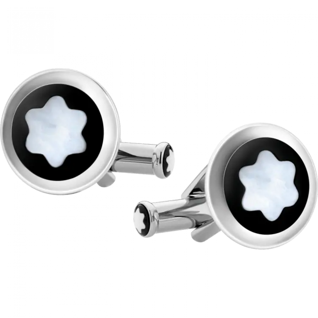 Круглые запонки из нержавеющей стали с черной PVD-вставкой, украшенные культовой снежной вершиной из перламутра — эмблемой Montblanc 