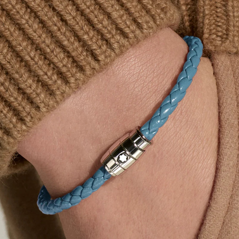 Montblanc Meisterstück Armband aus Stahl mit 3 Ringen aus aschblauem Leder 