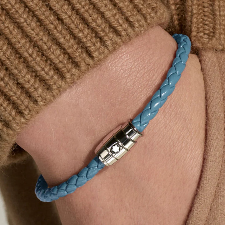 Montblanc Meisterstück Armband aus Stahl mit 3 Ringen aus aschblauem Leder 