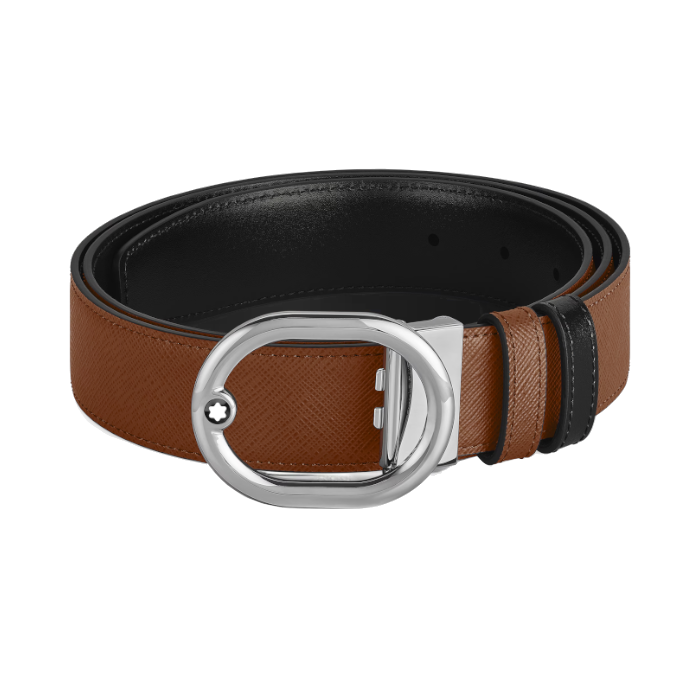 Wendegürtel Montblanc mit 35-mm-Schnalle L’Ovale aus rehbraunem/schwarzem Leder 