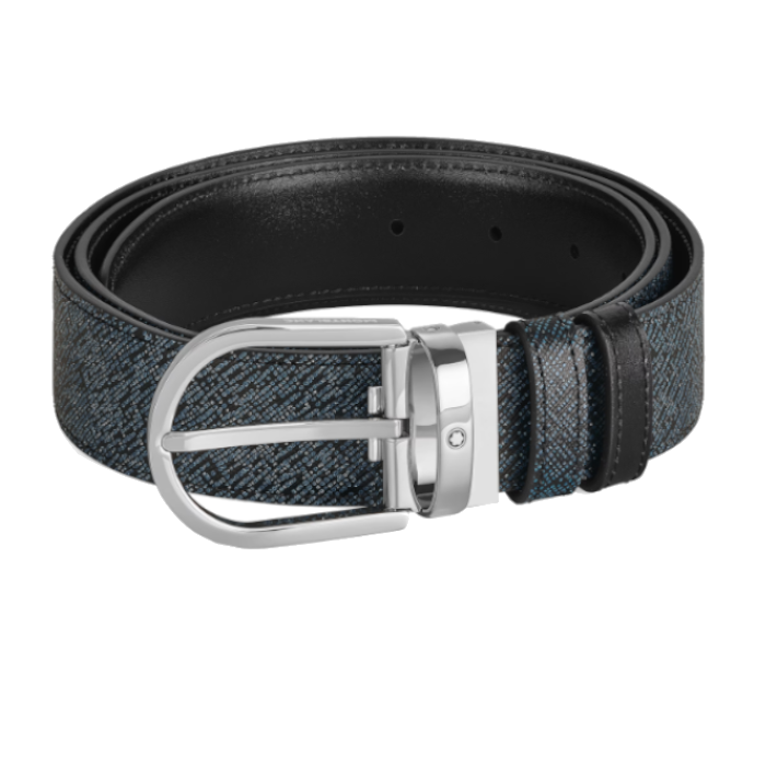 Wendbarer Montblanc-Gürtel mit 35-mm-Hufeisenschnalle aus blauem Tweed-/schwarzem Leder 