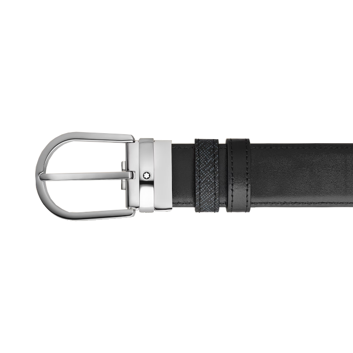 Wendbarer Montblanc-Gürtel mit 35-mm-Hufeisenschnalle aus blauem Tweed-/schwarzem Leder 
