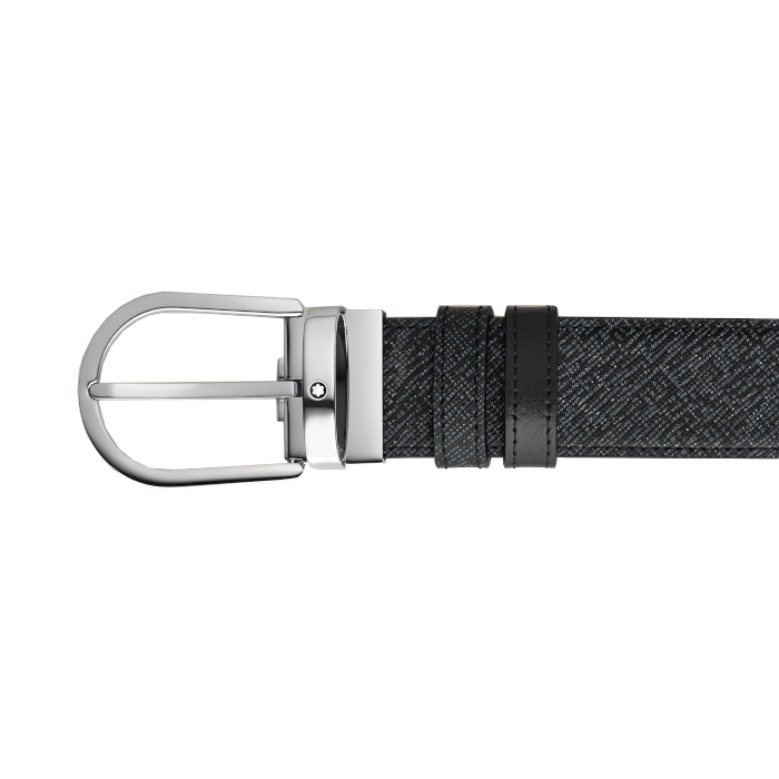 Wendbarer Montblanc-Gürtel mit 35-mm-Hufeisenschnalle aus blauem Tweed-/schwarzem Leder 