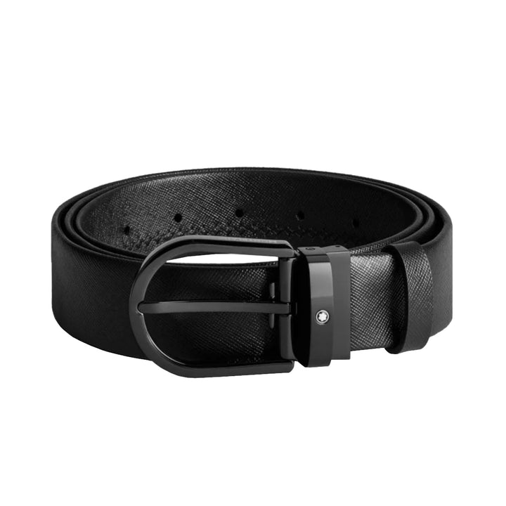35-mm-Gürtel mit Hufeisenschnalle aus schwarzem Leder 
