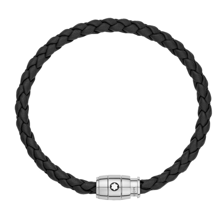 Armband aus Stahl und schwarzem Leder mit Verschluss aus 3 Ringen 