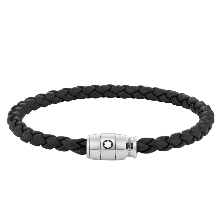 Armband aus Stahl und schwarzem Leder mit Verschluss aus 3 Ringen 