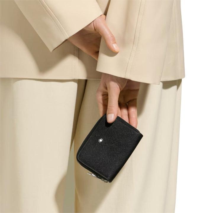 Mini-Portemonnaie Montblanc mit 2 Kartenfächern, Reißverschluss, aus schwarzem Sartorial-Leder 