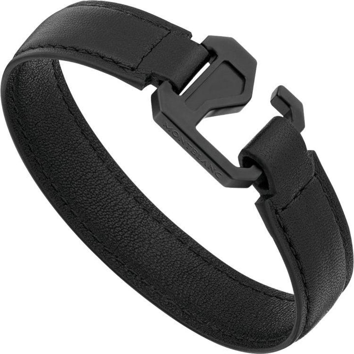 Montblanc-Armband aus schwarzem Leder mit Verschluss aus Edelstahl und schwarzem PVD (Größe S) - Boutique-Officielle-Montblanc-Cannes