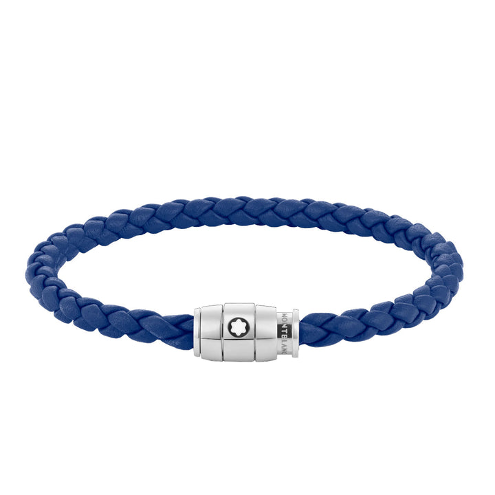 Armband aus Stahl und blauem Leder mit Verschluss mit 3 Ringen 