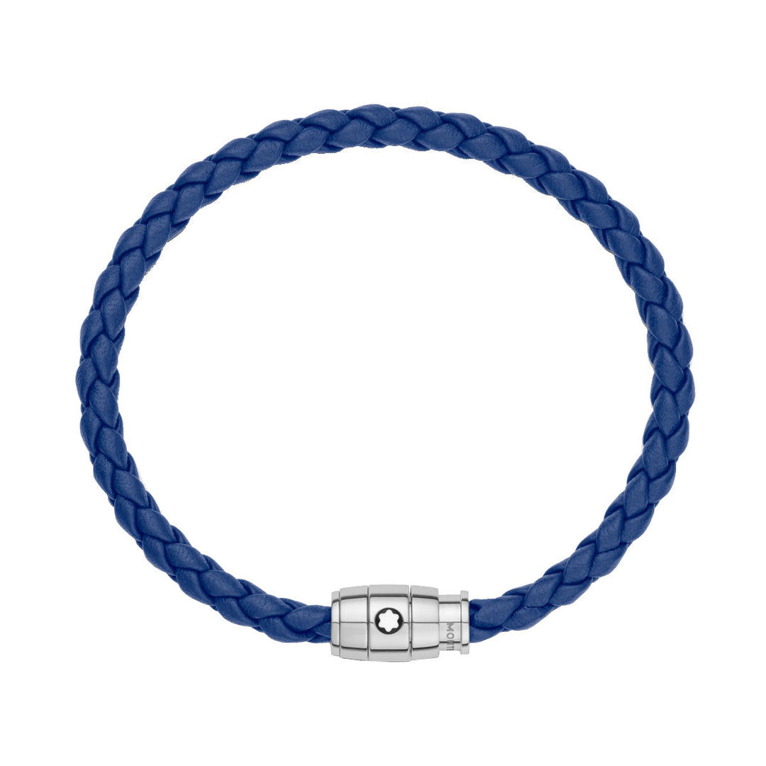 Armband aus Stahl und blauem Leder mit Verschluss mit 3 Ringen 