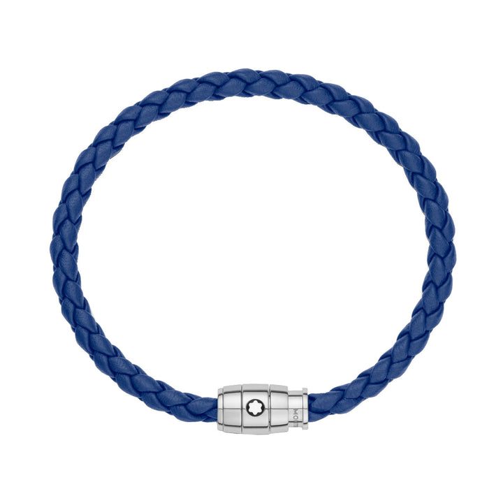Armband aus Stahl und blauem Leder mit Verschluss mit 3 Ringen 