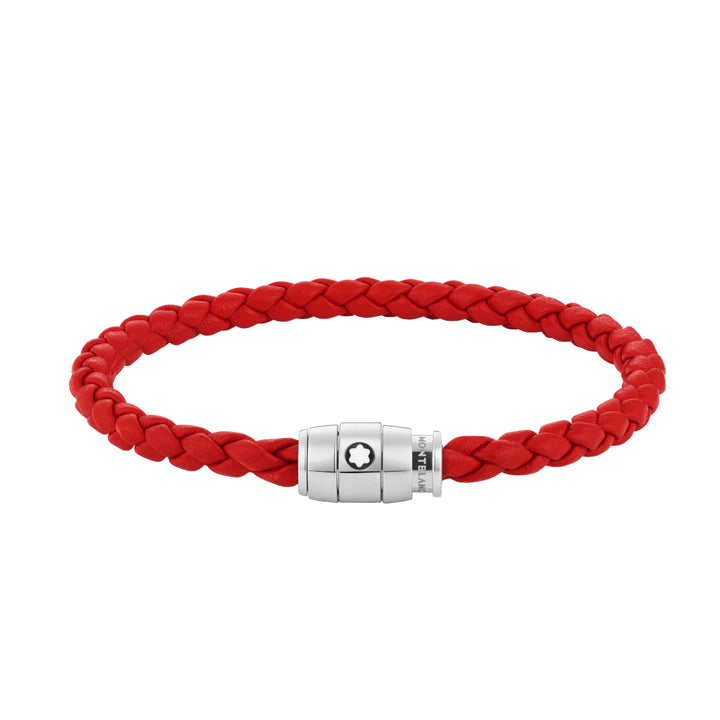 Armband aus Stahl und rotem Leder mit Verschluss mit 3 Ringen 