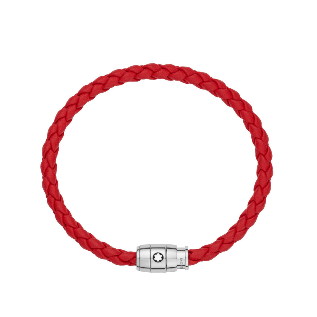 Armband aus Stahl und rotem Leder mit Verschluss mit 3 Ringen 