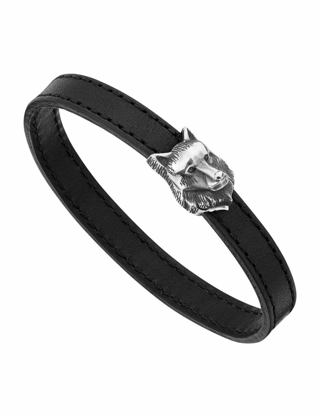 Schwarzes Lederarmband mit Verschluss in Form eines Wolfskopfs aus massivem Silber 